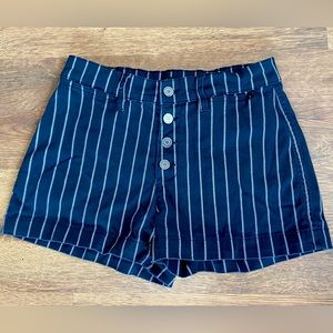 Sincerely Jules Navy Blue & White Striped High Waisted Button Down Shorts- 5/27